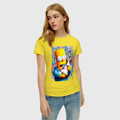 Женская футболка Bart Simpson with a kitten - ai art / Желтый – фото 3