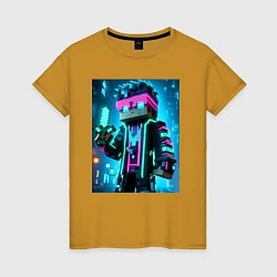 Футболка хлопковая женская Minecraft - neon character ai art, цвет: горчичный