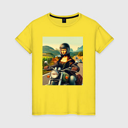 Футболка хлопковая женская Mona Lisa on a motorcycle - ai art, цвет: желтый