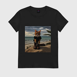 Футболка хлопковая женская Пляжный котик, цвет: черный