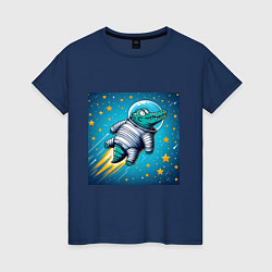 Футболка хлопковая женская Крокодил летит в космосе, цвет: тёмно-синий