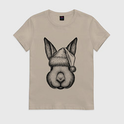 Футболка хлопковая женская Кролик в новогодней шапке, цвет: миндальный