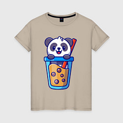 Футболка хлопковая женская Панда в стаканчике, цвет: миндальный