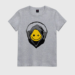 Футболка хлопковая женская Диджей смайлик, цвет: меланж
