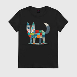 Футболка хлопковая женская Funny fox - patchwork ai art, цвет: черный