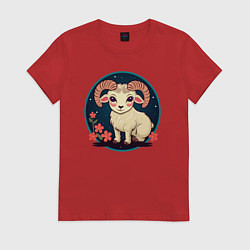 Футболка хлопковая женская Барашек знак зодиака Овен на фоне цветов, цвет: красный