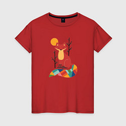 Футболка хлопковая женская Лиса под солнцем между деревьями, цвет: красный