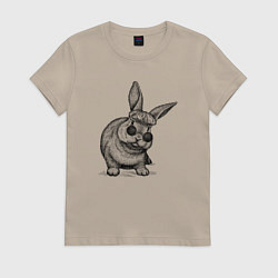 Футболка хлопковая женская Зайчик в шапке и очках, цвет: миндальный