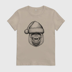 Футболка хлопковая женская Новогодняя горилла в шапке, цвет: миндальный