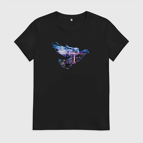 Женская футболка Голубь с ночным городом внутри / Черный – фото 1