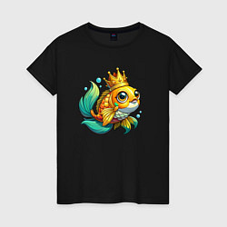 Футболка хлопковая женская Золотая рыбка в короне, цвет: черный