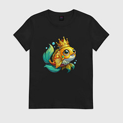 Футболка хлопковая женская Золотая рыбка в короне, цвет: черный