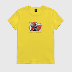 Футболка хлопковая женская Фотоаппарат с яркими цветами, цвет: желтый