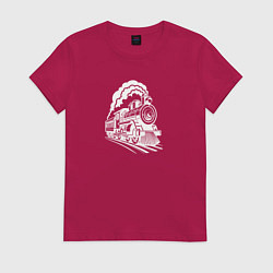 Футболка хлопковая женская Иллюстрация парового локомотива, цвет: маджента