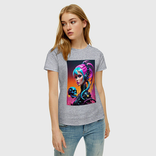 Женская футболка Девушка в стиле киберпанк с черепом - нейросеть / Меланж – фото 3