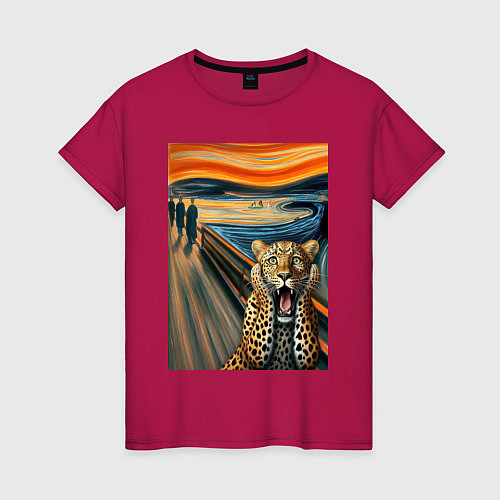 Женская футболка Леопард кричит - мем картина от нейросети / Маджента – фото 1