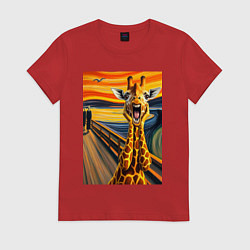Футболка хлопковая женская Жираф кричит - мем нейросеть, цвет: красный