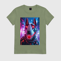 Футболка хлопковая женская Морда кибер бультерьера - неоновое свечение, цвет: авокадо