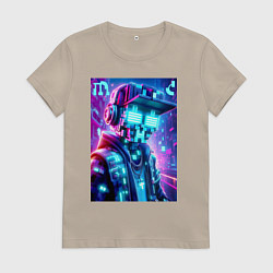 Футболка хлопковая женская Minecraft and Cyberpunk collaboration - ai art neo, цвет: миндальный