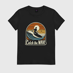 Футболка хлопковая женская Серфер на волне в ретро стиле лови волну, цвет: черный