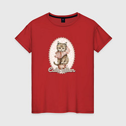Футболка хлопковая женская Милый котенок в винтажном стиле, цвет: красный