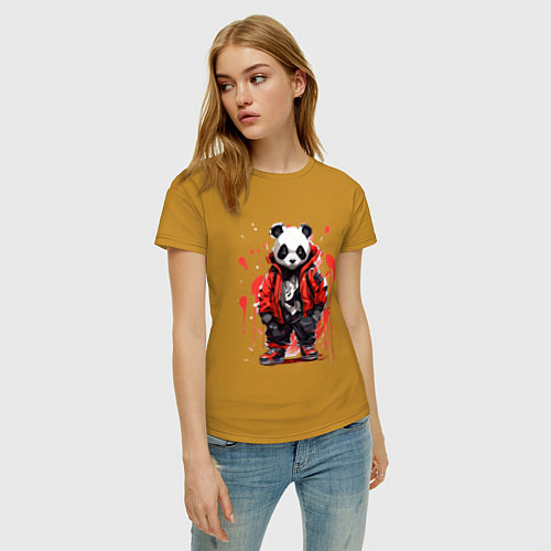 Женская футболка Модная панда в красной куртке / Горчичный – фото 3
