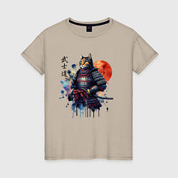 Футболка хлопковая женская Cat samurai - bushido ai art, цвет: миндальный