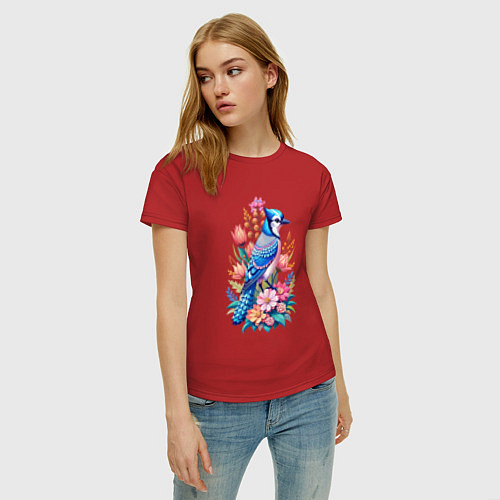 Женская футболка Голубая сойка среди цветов / Красный – фото 3