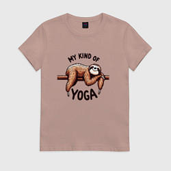 Футболка хлопковая женская Смешной ленивец отдыхает на ветке мой вид йоги, цвет: пыльно-розовый