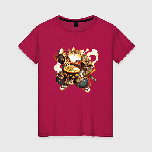 Женская футболка Кот самурай и лапша / Маджента – фото 1
