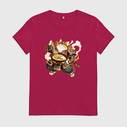 Футболка хлопковая женская Кот самурай и лапша, цвет: маджента