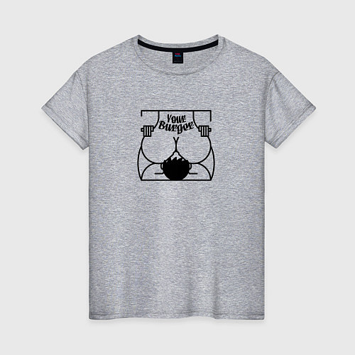 Женская футболка Девушка с надписью на спине your burger сидит на л / Меланж – фото 1