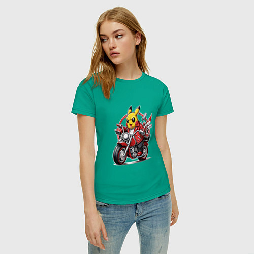 Женская футболка Пикачу мчится на мотоцикле / Зеленый – фото 3