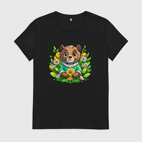 Женская футболка Медведь среди цветов / Черный – фото 1