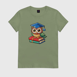 Футболка хлопковая женская Милая сова в студентскойк шапке, цвет: авокадо