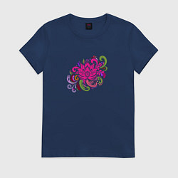 Футболка хлопковая женская Орнамент из разноцветных цветов, цвет: тёмно-синий