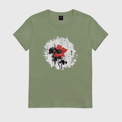 Футболка хлопковая женская Большой красный цветок в китайском стиле, цвет: авокадо