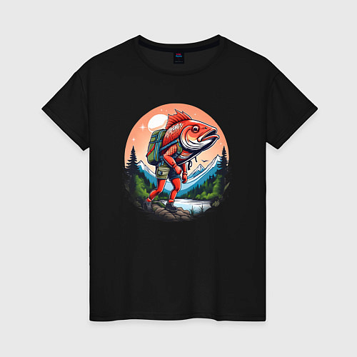 Женская футболка Рыба турист в горах / Черный – фото 1