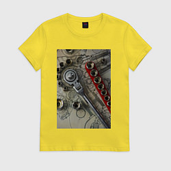 Футболка хлопковая женская Трещотка ключ и чертеж, цвет: желтый
