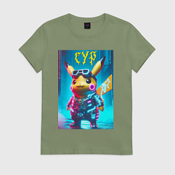 Футболка хлопковая женская Cyber Pikachu - ai art fantasy, цвет: авокадо