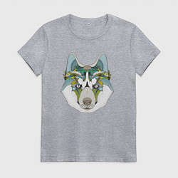 Футболка хлопковая женская Волк с стиле тату, цвет: меланж