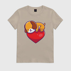Футболка хлопковая женская Собачка обнимает сердце, цвет: миндальный