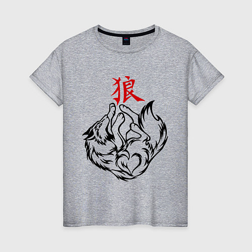 Женская футболка Волк с иероглифом / Меланж – фото 1