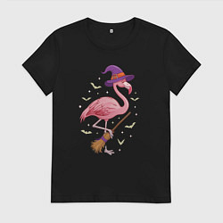 Футболка хлопковая женская Фламинго хэллоуин, цвет: черный
