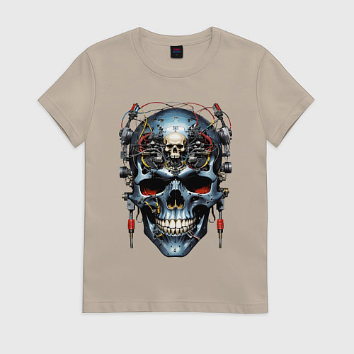 Женская футболка Кибер череп - нейроарт фантазия / Миндальный – фото 1