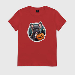 Футболка хлопковая женская Собака французский бульдог с тыквой, цвет: красный