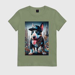 Футболка хлопковая женская Funny bull terrier in New York - ai art, цвет: авокадо