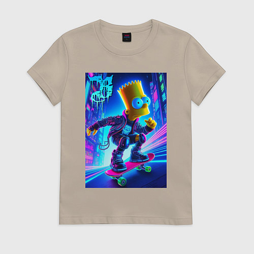 Женская футболка Барт Симпсон на скейтборде - неоновое свечение / Миндальный – фото 1