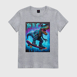 Футболка хлопковая женская Dude tyrannosaur on a skateboard - ai art, цвет: меланж