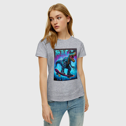 Женская футболка Dude tyrannosaur on a skateboard - ai art / Меланж – фото 3